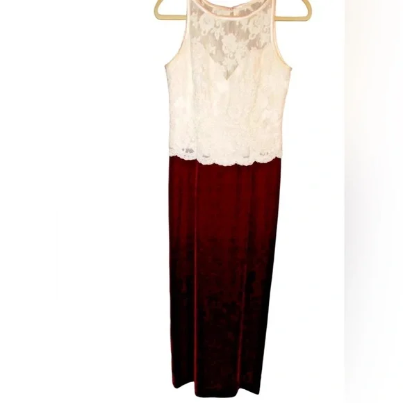 Belsoie Vintage cream Lace & Bows Red burgundy Velvet maxi Dress Gunne sax - Picture 7 of 16